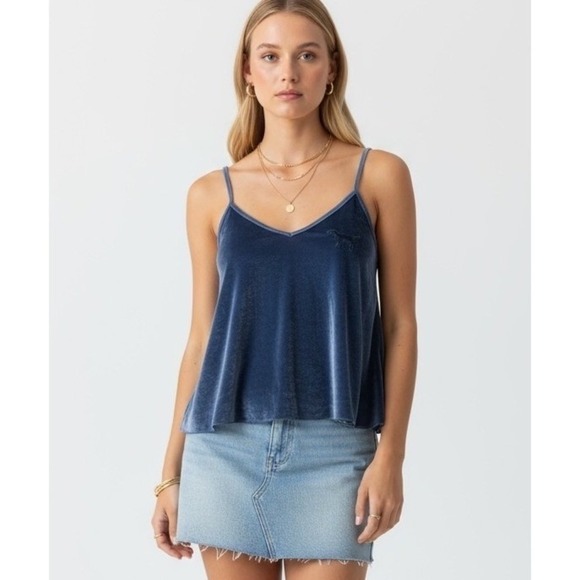 Y2K PINK Victoria's Secret Blue Velvet Cami Top XS/XP Cropped Sleeveless - Picture 1 of 14